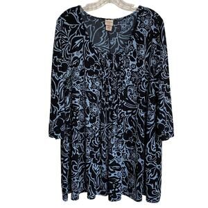 Covington Womens Plus 16-18W 2X Blue Black Flowy 3/4 Sleeve Scoop Tunic Blouse